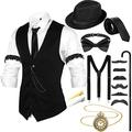 Blulu 1920s Men's Costume Accessories Set, Gangster Vest Hat Suspenders 20s Outfit Clothing for Men 1920s (Black,Large)