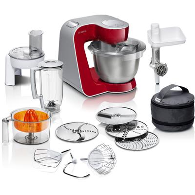 BOSCH Küchenmaschine "Serie 4 MUM56740, Durchlaufschnitzler/Mixer/Fleischw./Zitr.presse, rot", rot (deep rot), B:28cm H:28,2cm T:27,1cm, Küchenmaschinen, Schüssel 3,9l Edelstahl, spülm.fest, 4 Scheiben, 3 Rührwerkzeuge