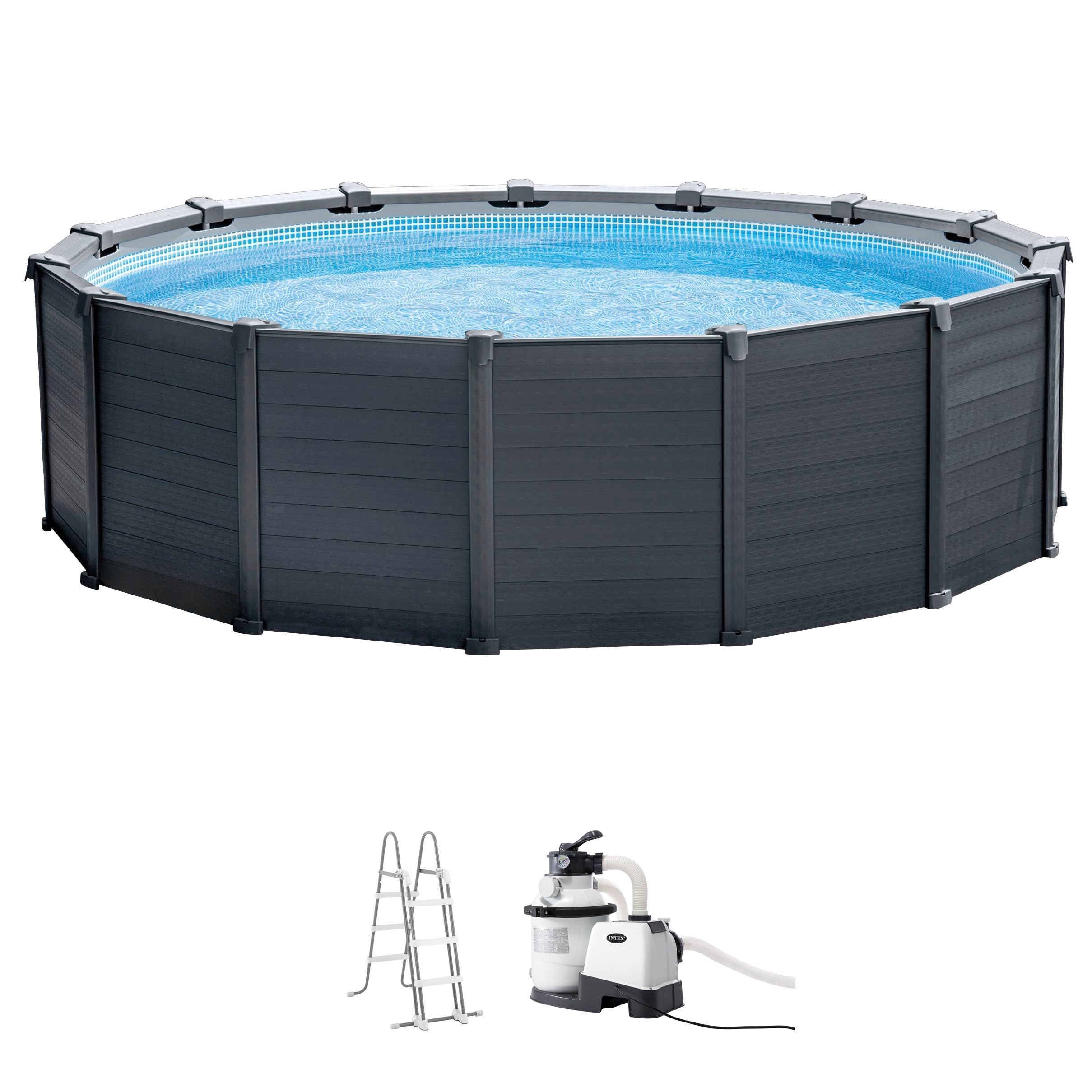 Framepool INTEX "Graphite Gray Panel", blau (grau, blau, weiß), H:124cm Ø:478cm, Schwimmbecken, ØxH: 478x124 cm, inkl. Sandfilter, Leiter Abdeck- und Bodenplane Image