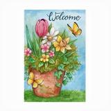 Red Barrel Studio® Melinda Hipsher "Welcome Spring Bouquet In Pot w/ Butterflies" Outdoor All-Weather Wall Decor Metal | Wayfair