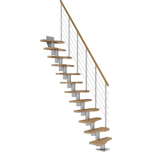 DOLLE Mittelholmtreppe Basel, inkl. einseitigem Edelstahlgeländer, Edelstahl (perlgrau), 240 cm – 292 cm,Eiche