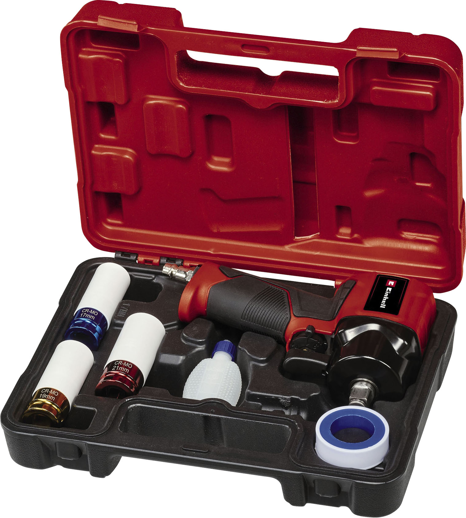 Druckluft-Schlagschrauber EINHELL "TC-PW 610 Compact", rot (rot, schwarz), B:12cm H:6,5cm L:18,5cm, Schrauber, inkl. 3 Stecknüsse 17/19/21mm, inkl. Aufbewahrungskoffer Image