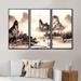 Loon Peak® Monochrome Chinese Water Landscape - Traditional Framed Canvas Wall Art Set Of 3 Canvas in White | 20 H x 36 W x 1 D in | Wayfair