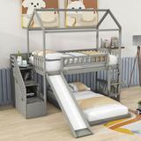 Harper Orchard Twin Over Twin Wood House Bunk Bed w/ Storage stairs & Slide in Gray | 84.4 H x 42 W x 78 D in | Wayfair