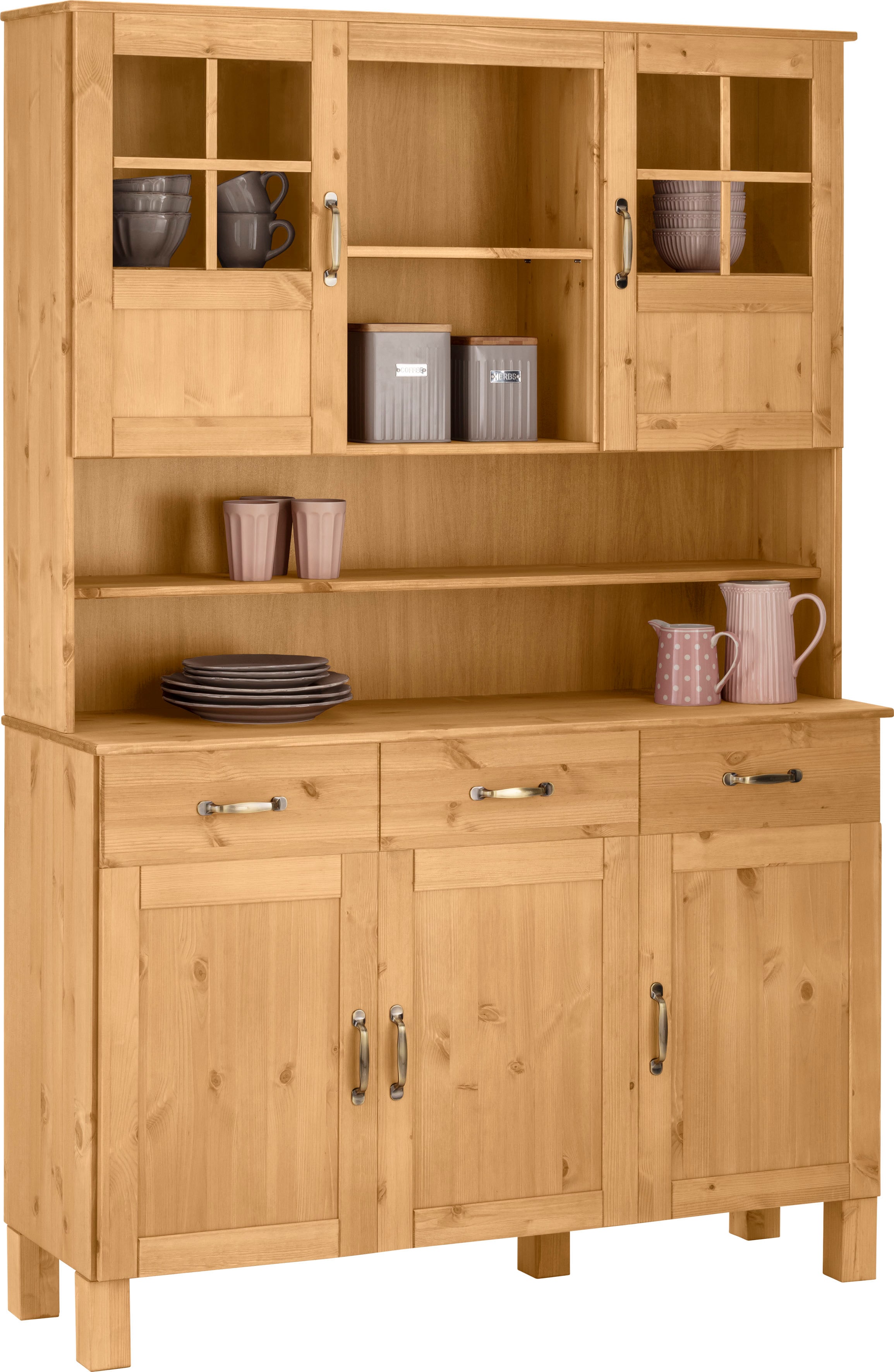 Küchenbuffet HOME AFFAIRE "Alby", beige (natur gebeizt, gewachst), B:125cm H:185cm T:38cm, Massivholz, Schränke, Breite 125 cm, 2 Glastüren, 2 Schubladen