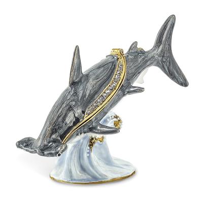 Curata Pewter Crystals Gold-Tone Enameled Clobber Hammerhead Shark Trinket Box on 18 Inch Necklace