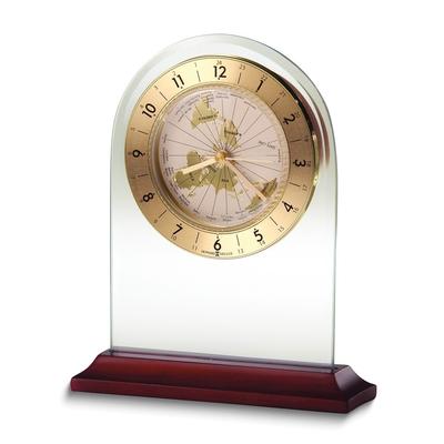 Curata World Time Arch Glass with Satin Rosewood Finish Base Quartz Table Clock