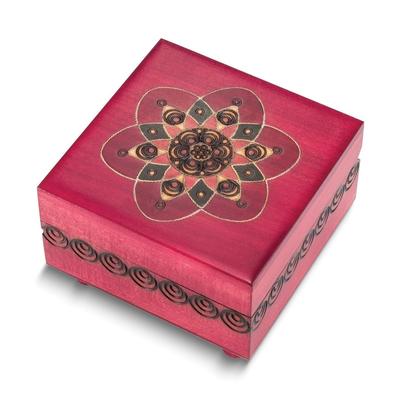 Curata Handcrafted Solid Wood Red Floral Carved and Painted Secret Puzzle Box