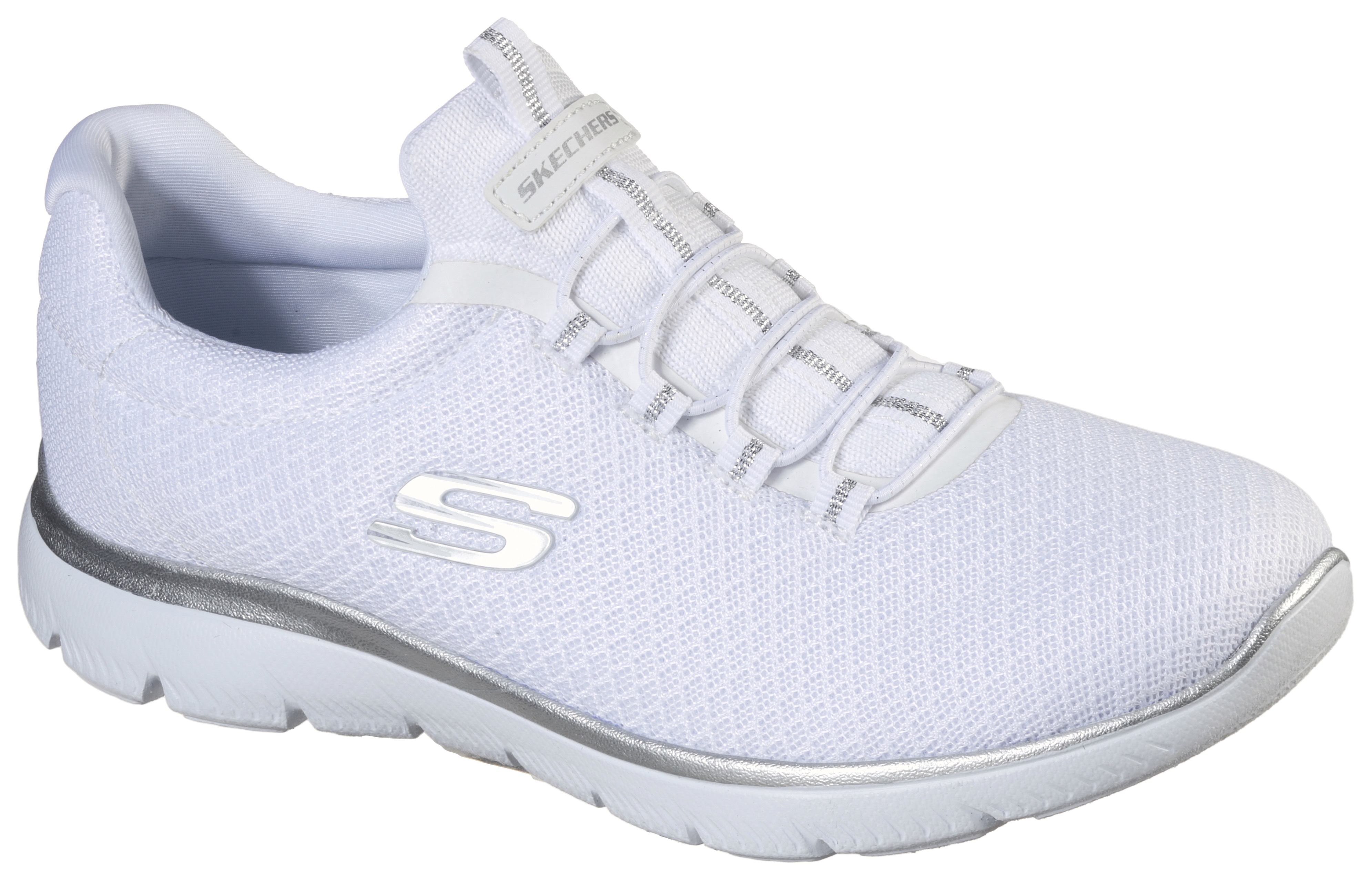 Slip-On Sneaker SKECHERS "SUMMITS", Damen, Gr. 38, silber (weiß, silberfarben), Textil, Schuhe, Freizeitschuh, Komfortschuh mit stoßdämpfender Zwischensohle, Topseller