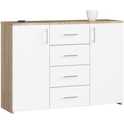 Kommode Akord K45 Sonoma-Eiche 110 cm 2 Türen 4 Schubladen 4 Ebenen Front Weiß B110 x H80 x T35 cm Image