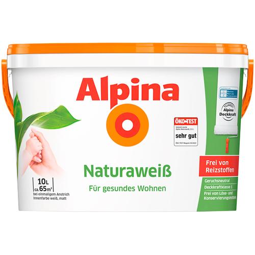 „ALPINA Wand- und Deckenfarbe „“Naturaweiß““ Farben für Beton, Gips, Mauerwerk und Tapeten Gr. 10 l 10000 ml, weiß Wandfarbe“