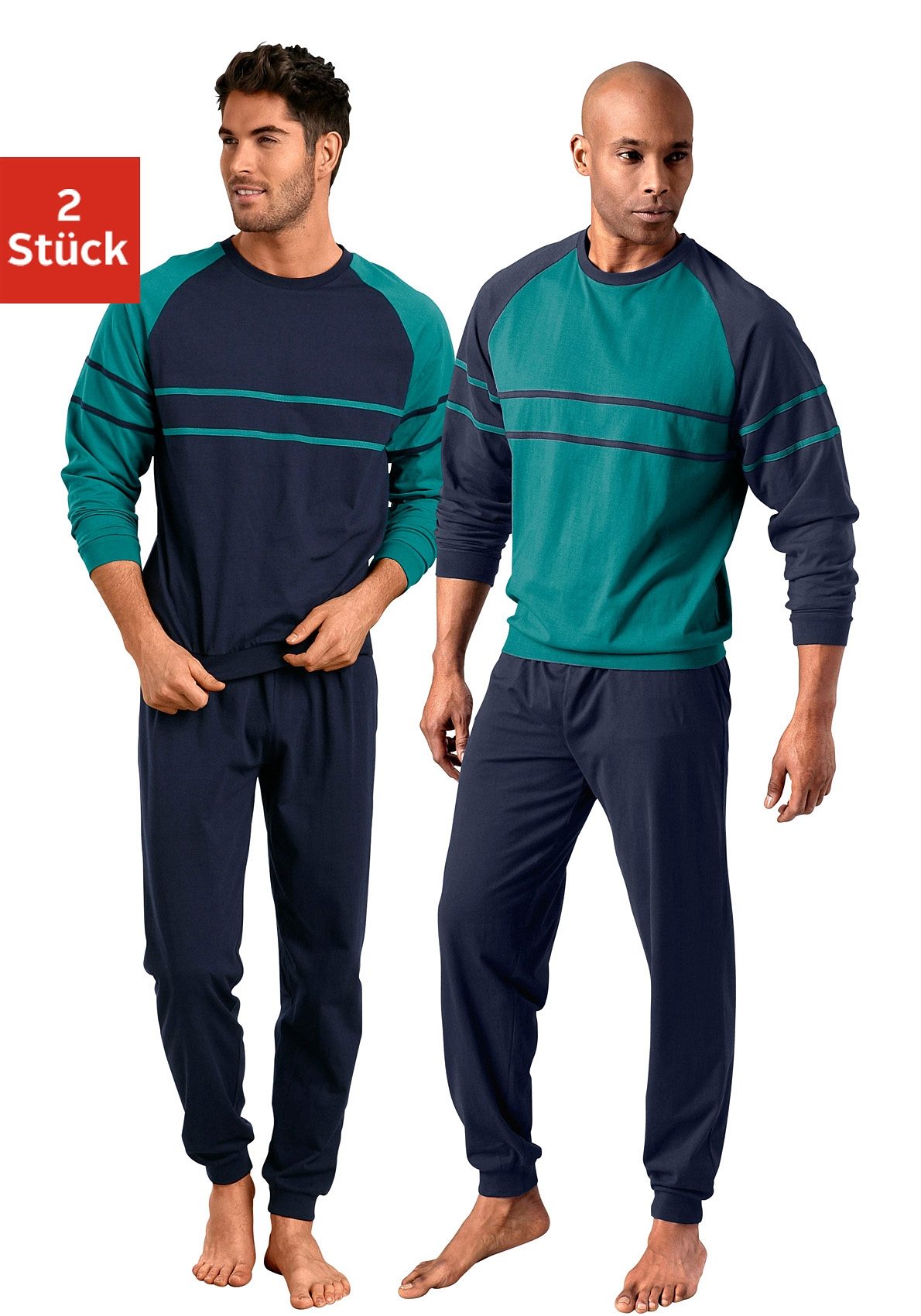 Pyjama LE JOGGER "Schlafanzug für Herren im Doppelpack", Herren, Gr. 52/54 (L), bunt (grün, marine), Jersey, Obermaterial: 100% Baumwolle, unifarben, Basic, lang, Rundhals, Raglanärmel angesetztes Bündchen, Homewear-Sets Pyjama, in langer Form mit...