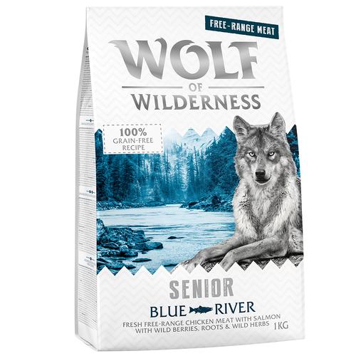 „5 x 1 kg Senior „“Blue River““ – Freilandhuhn & Lachs Wolf of Wilderness Hundefutter trocken“