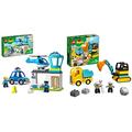 LEGO 10959 DUPLO Polizeistation mit Hubschrauber und Polizeiauto & 10931 DUPLO Bagger und Laster Spielzeug mit Baufahrzeug für Kleinkinder ab 2 Jahren zur Förderung der Feinmotorik, Kinderspielzeug