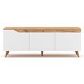 Meuble TV scandinave 3 portes L140 cm - Décor bois clair et blanc