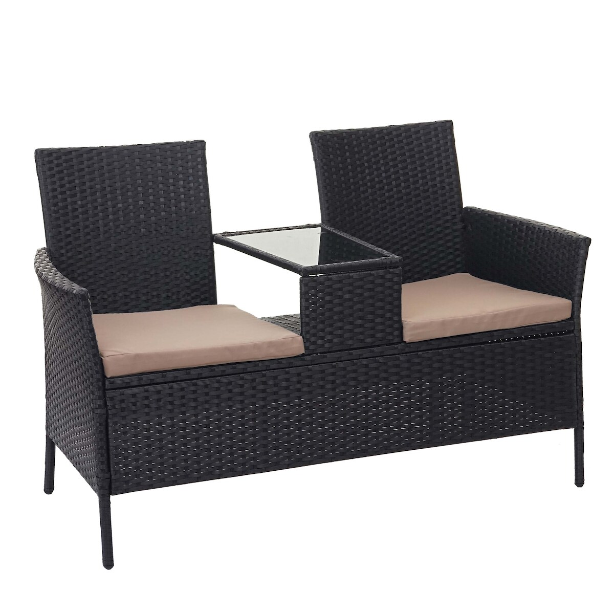 Mendler Poly-Rattan Sitzbank mit Tisch HWC-E24, Gartenbank Sitzgruppe Gartensofa, 132cm ~ schwarz, Kissen creme Image