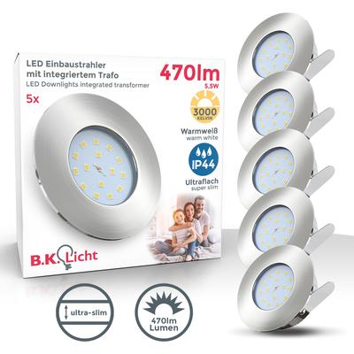 B.K.LICHT LED Einbauleuchte "5er Set Bad Einbaustrahler, IP44 geschützt, LED Einbauspots, flach", grau (nickelfarben), H:3cm Ø:7,5cm, Lampen, 3.000K, 470Lm, 5,5W, Kunststoff, 7,5 x 3 cm, Nickel, LED Einbaustrahler LED Deckeneinbaustrahler Image