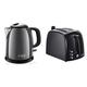 Russell Hobbs Mini-Wasserkocher Colours+ grau, 1,0l, 2400W, Schnellkochfunktion & Toaster Textures+, 2 extra breite Toastschlitze, Brötchenaufsatz & integrierte Toast-Zange, 850W, Toaster schwarz