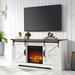 Gracie Oaks Farmhouse TV Stand w/ 18" Electric Fireplace for 65 Inch TV, Sliding Barn Door, Adjustable Shelf Wood in White | Wayfair
