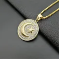 Collier rond glacé en acier inoxydable pour hommes et femmes pendentif croissant de lune et étoile