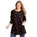 Plus Size Women's Perfect Printed Long-Sleeve Crewneck Tunic by Woman Within in Black Poinsettia (Size 1X)