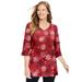 Plus Size Women's Perfect Printed Three-Quarter-Sleeve V-Neck Tunic by Woman Within in Classic Red Textured Snowflake (Size 26/28)