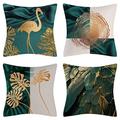 Fullfun Teal Blue Gold leaves Cushion Covers, Swan and peacock feathers linen pillow covers, Pack of 4 square throw pillowcase with invisible zipper for sofa & couch 70 cm x 70 cm(28 x 28 inch)