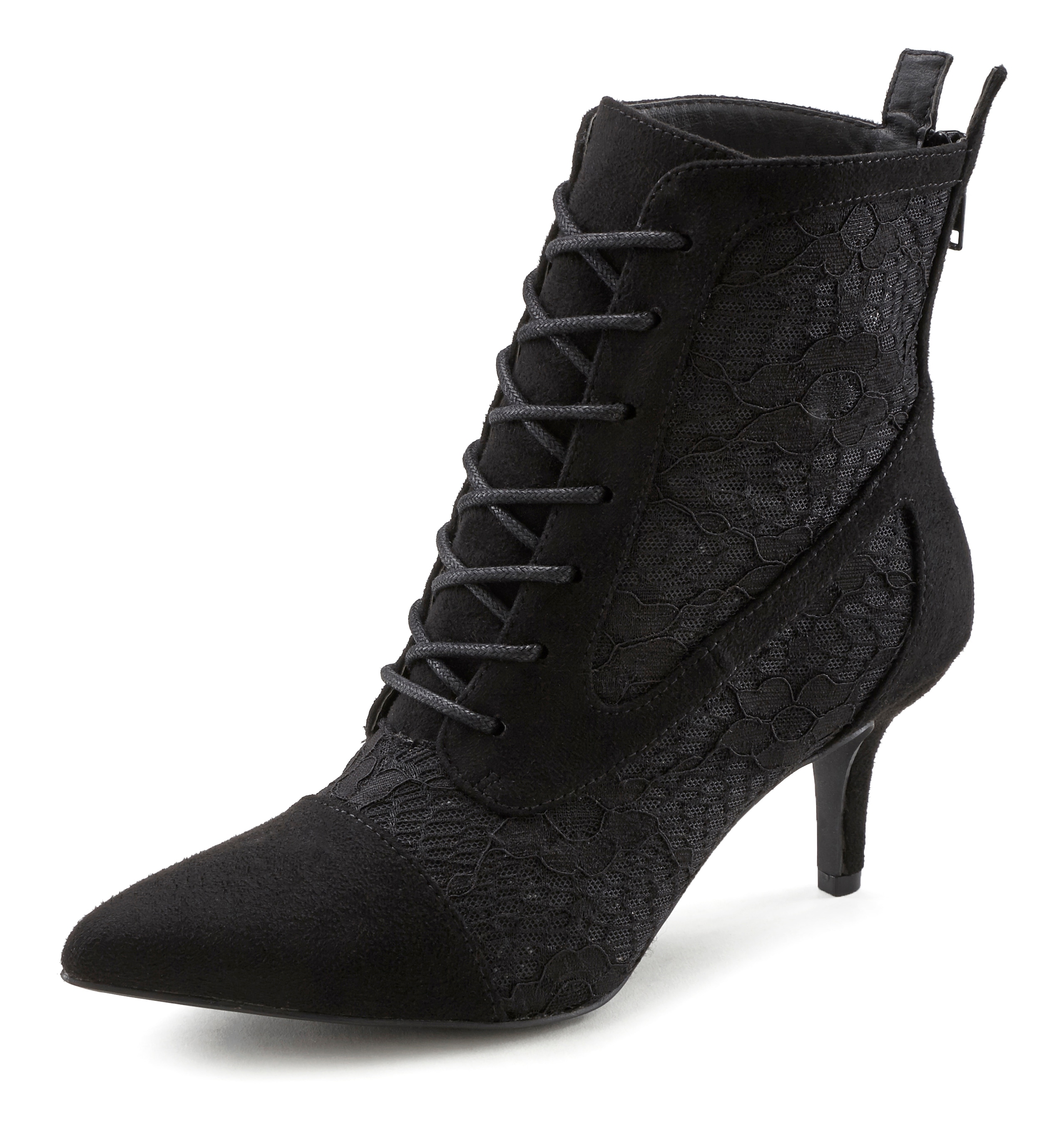 Schnürstiefelette LASCANA, Damen, Gr. 36, schwarz, Obermaterial: 100% Textilmaterial. Futter: 100% Lederimitat. Decksohle: 100% Lederimitat. Laufsohle: 100% Synthetik, unifarben, Modisch, Schuhe, in sexy Spitzen Optik, Stiefel