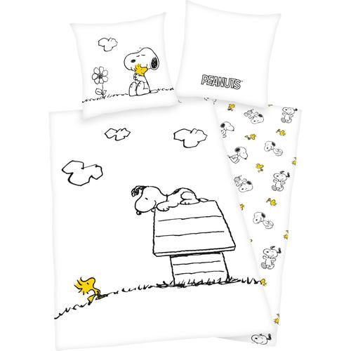 "Wendebettwäsche PEANUTS ""Peanuts"" Bettwäsche Gr. B/L: 135 cm x 200 cm (1 St.), B/L: 80 cm x 80 cm (1 St.), Renforcé, weiß Bettwäsche nach Material mit tollem Peanuts Motiv"