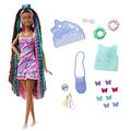 Barbie Totally Hair, Puppe mit blauem, rosa & schwarzem Haar, buntes Schmetterlingskleid, Haarspangen, Haarschmuck, Accessoires, 15+ Teile, Geschenk für Kinder ab 3 Jahren,HCM91