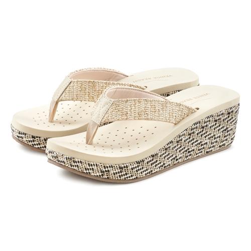 Badezehentrenner VENICE BEACH Gr. 42, beige Damen Schuhe Zehentrenner Sandale, Pantolette, Badeschuh mit geschmücktem Keilabsatz VEGAN