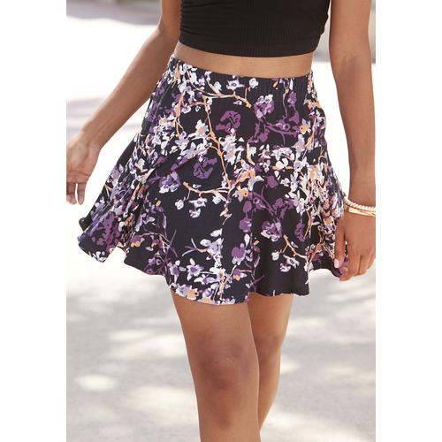 Hosenrock VIVANCE Gr. 46, lila (schwarz-lila bedruckt) Damen Röcke Skort mit Blumenprint, Skort, Rock inklusive Hose