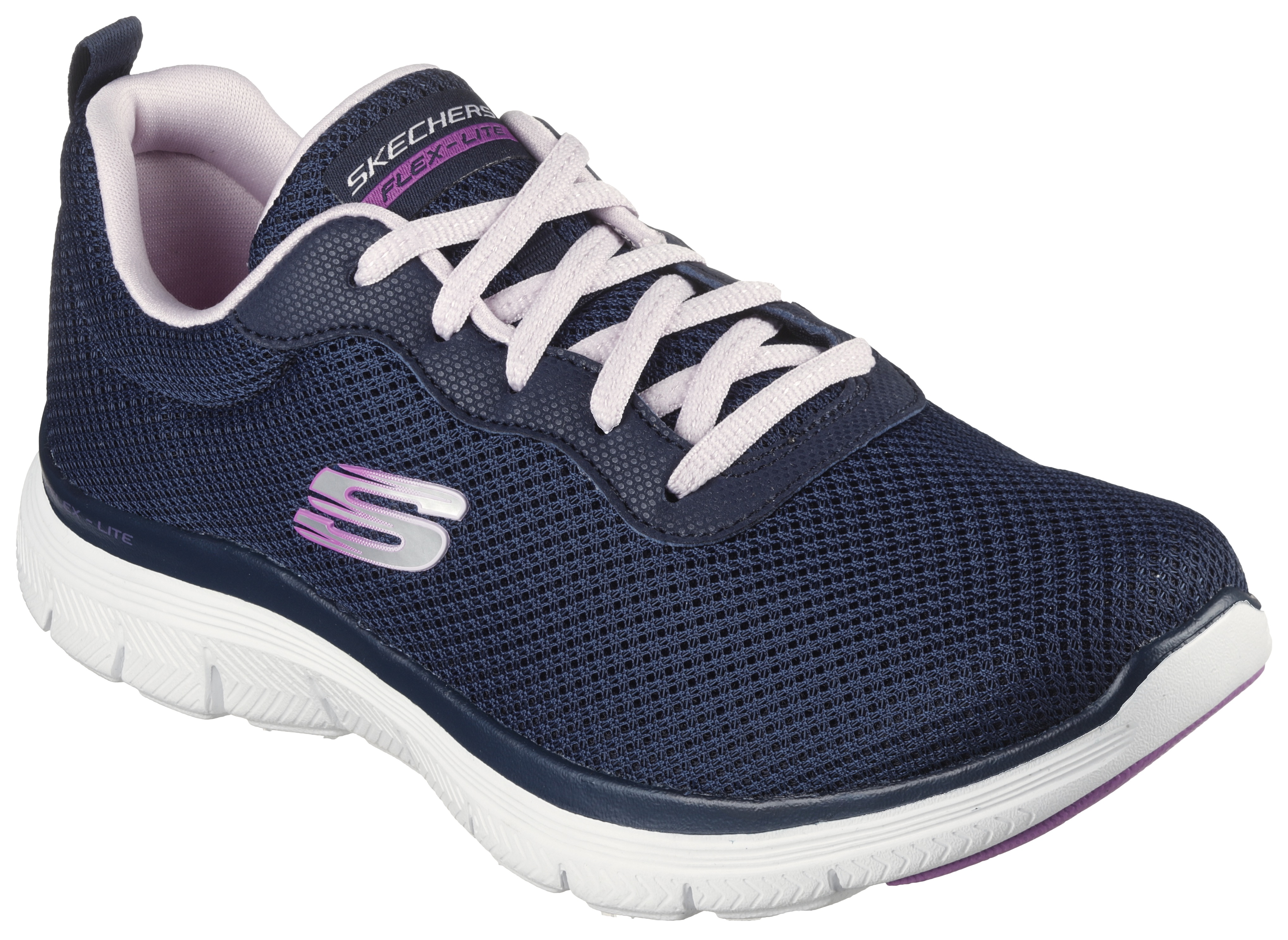 Sneaker SKECHERS "FLEX APPEAL 4.0 BRILLINAT VIEW", Damen, Gr. 40, lila (navy, lavendel), Synthetik, Textil, Schuhe Sneaker, Freizeitschuh, Halbschuh, Schnürschuh mit Air Cooled Memory Foam