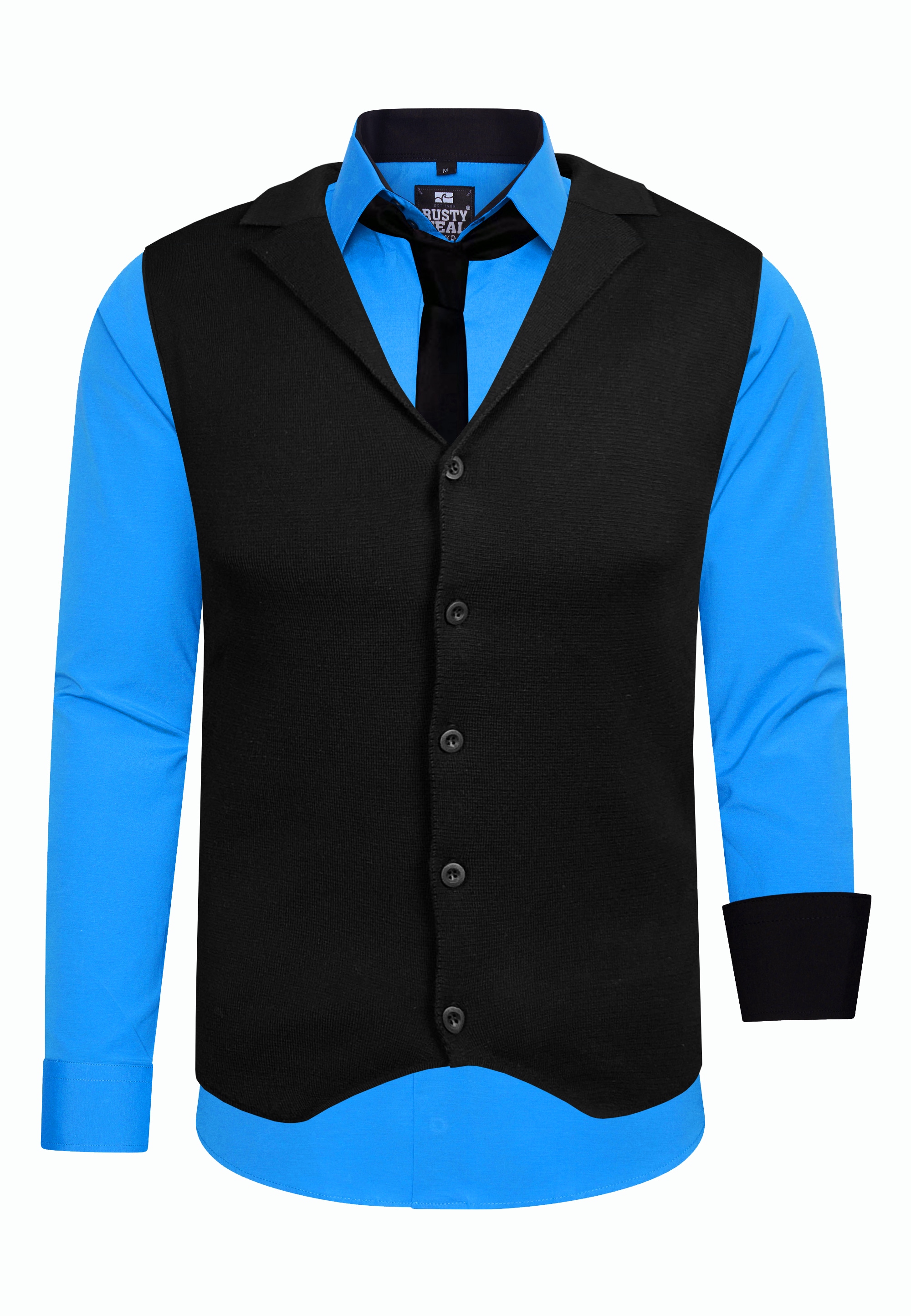 Langarmhemd RUSTY NEAL, Herren, Gr. S, EURO-Größen, blau (petrol), 60% Baumwolle, 37% Polyester, 3% Elasthan, mehrfarbig, ohne Ausschnitt, Hemden, bestehend aus Hemd, Weste und Krawatte