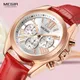 MEGIR-Montre à Quartz Décontractée pour Femme Rouge Chronographe Bracelet en Cuir