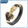 MKENjazz-Bracelet en cuir noir plaqué 18 carats pour homme manilles d'injecteur en acier
