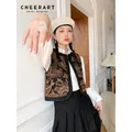 CHEERART – veste sans manches en Jacquard pour femmes manteau Vintage court marron à la mode