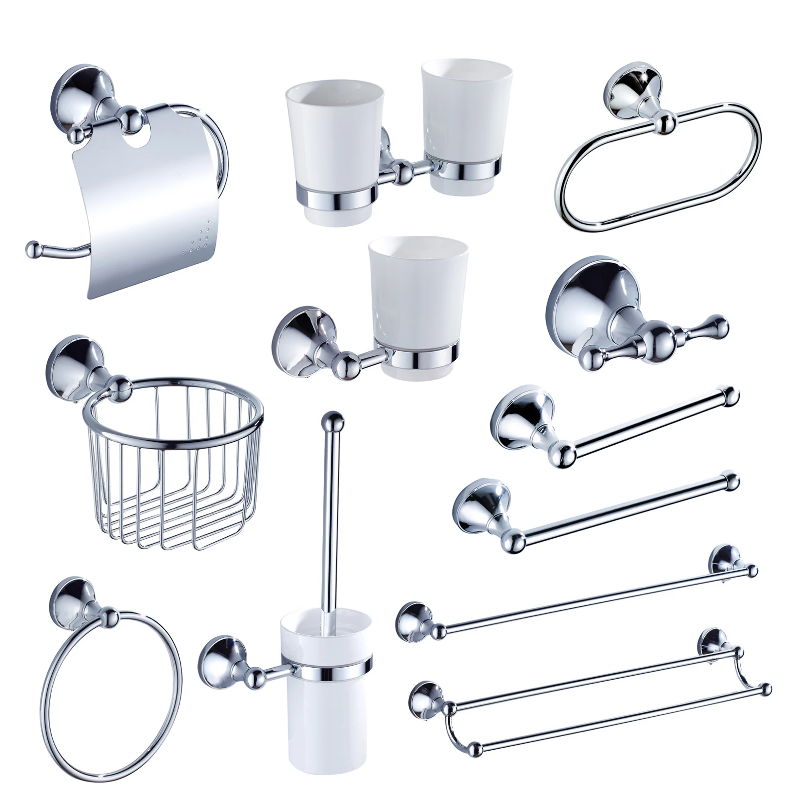 Ensemble de matériel de salle de bain chromé en laiton Double barre à serviettes étagère de brosse de toilette WC porte-rouleau de papier pour ensemble d'accessoires de salle de bain