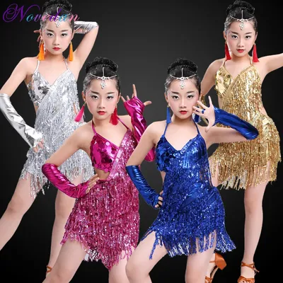 Robe de danse latine à franges pour enfants professionnelle rouge à paillettes