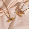 Collier avec pendentif t-bar en Zircon vert transparent minimaliste plaqué or 18K chaîne étanche