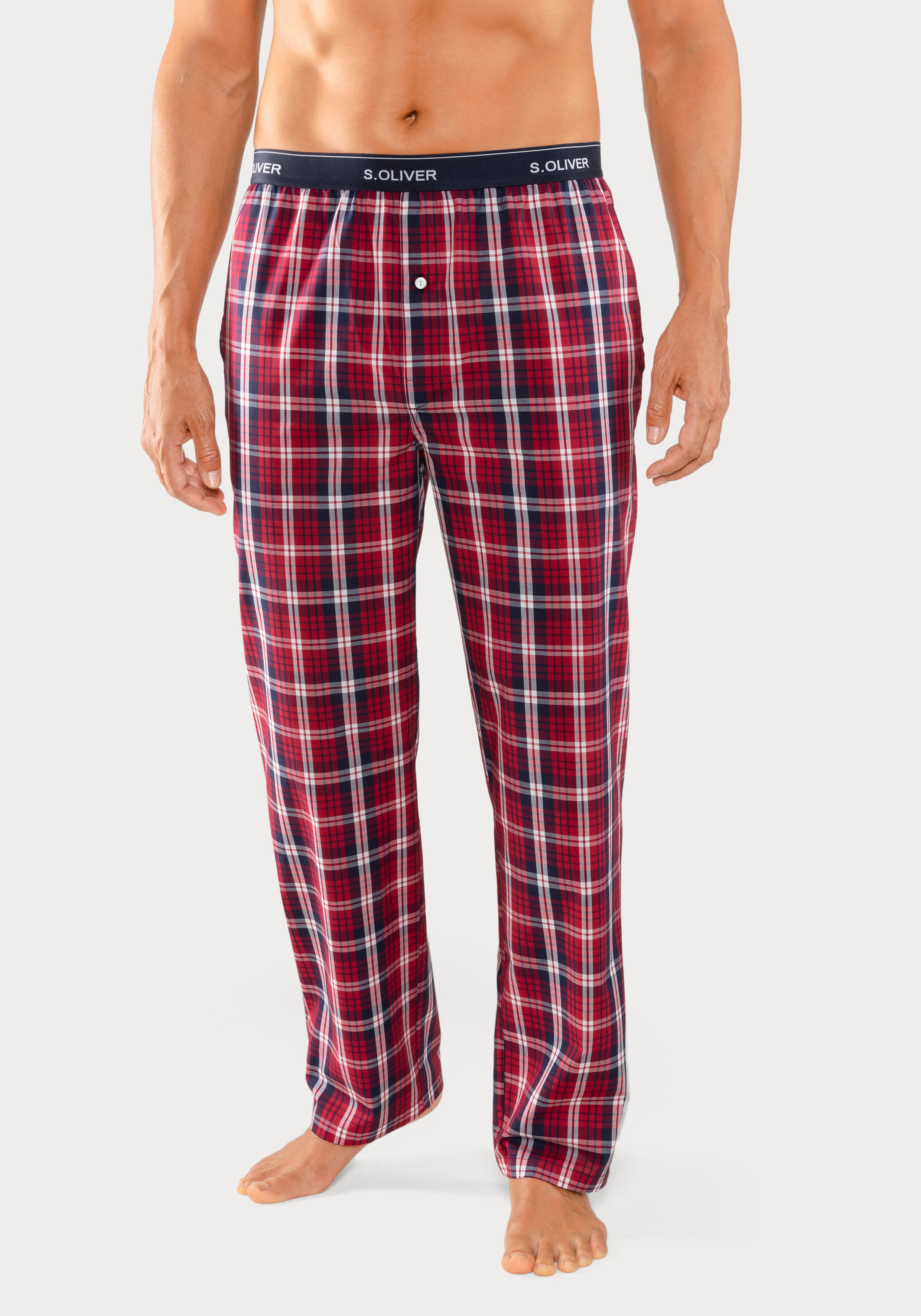 Webhose S.OLIVER, Herren, Gr. 60/62 (XXL), N-Gr, rot (rot, kariert), Web, Obermaterial: 100% Baumwolle, kariert, Basic, lang, Hosen Pyjamahose Homewear Hose, mit Markenlogo im Bund