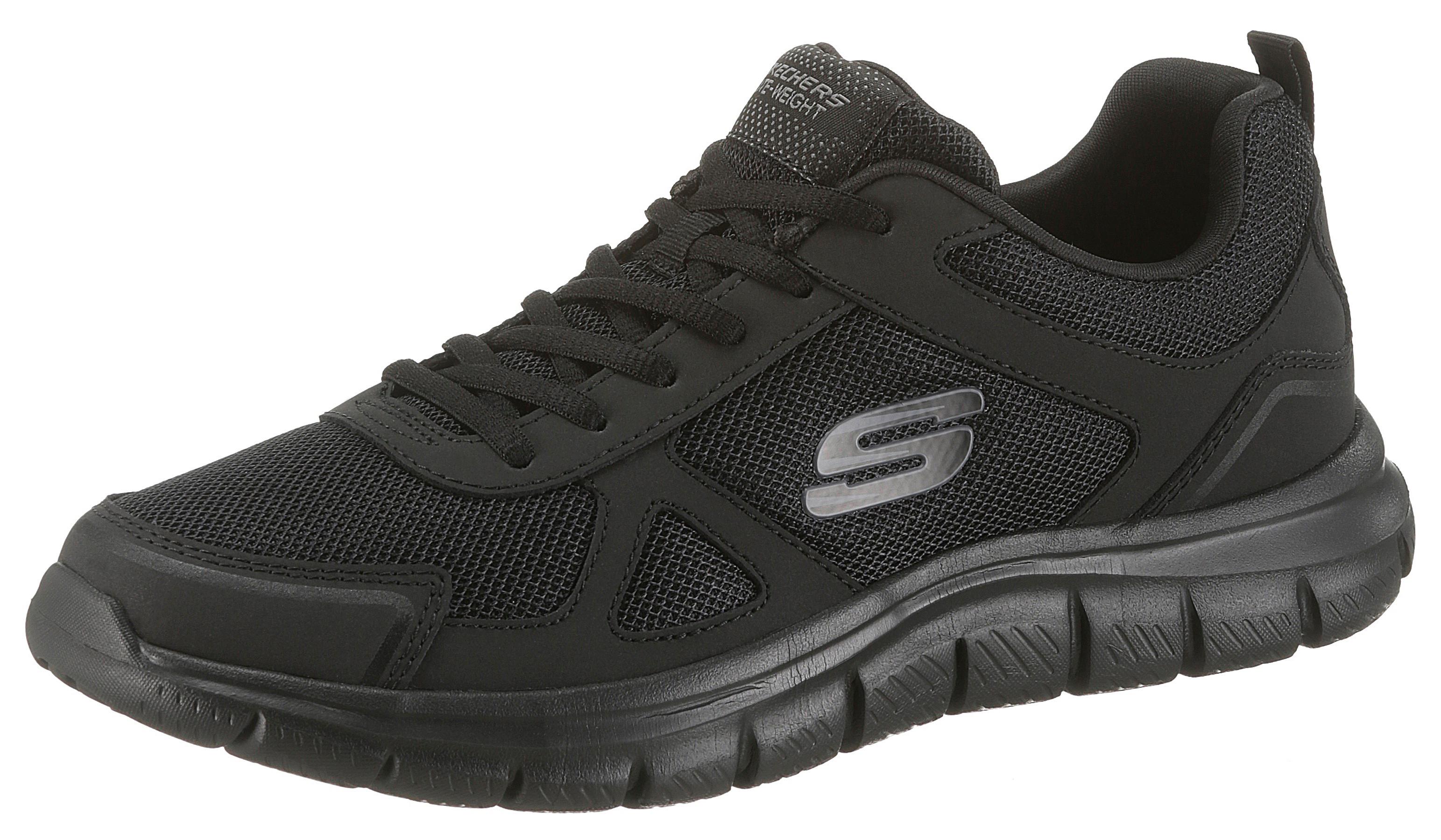 Sneaker SKECHERS "Track-Scloric", Herren, Gr. 48,5, schwarz, Leder, Textil, Schuhe Sneaker, Freizeitschuh, Halbschuh, Schnürschuh mit Skechers Memory Foam, Topseller