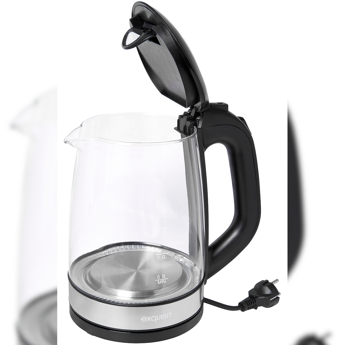 Exquisit Glas-Wasserkocher WK 3501 swg, Innenbeleuchtung, 2 Liter, 2200 Watt, Edelstahlverzierung, Schwarz Image