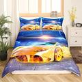 Yellow Sports Car Bedding Set Double Size 3 Pieces Duvet Cover Sports Theme Bedspread Cover 3D Race Car Pattern Comforter Cover Soft Breathable Bedding Duvet Cover for Adult Teens Boys Kids