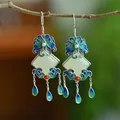 Boucles d'oreilles en jade Hetian naturel pour femmes couleur argent émail ume pompon papillon