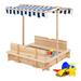 Kids Wooden Sandbox with Canopy and Foldable Bench Seats - Natural-Blue - 43.5'' x 42'' x 47.5'' (L x W x H)