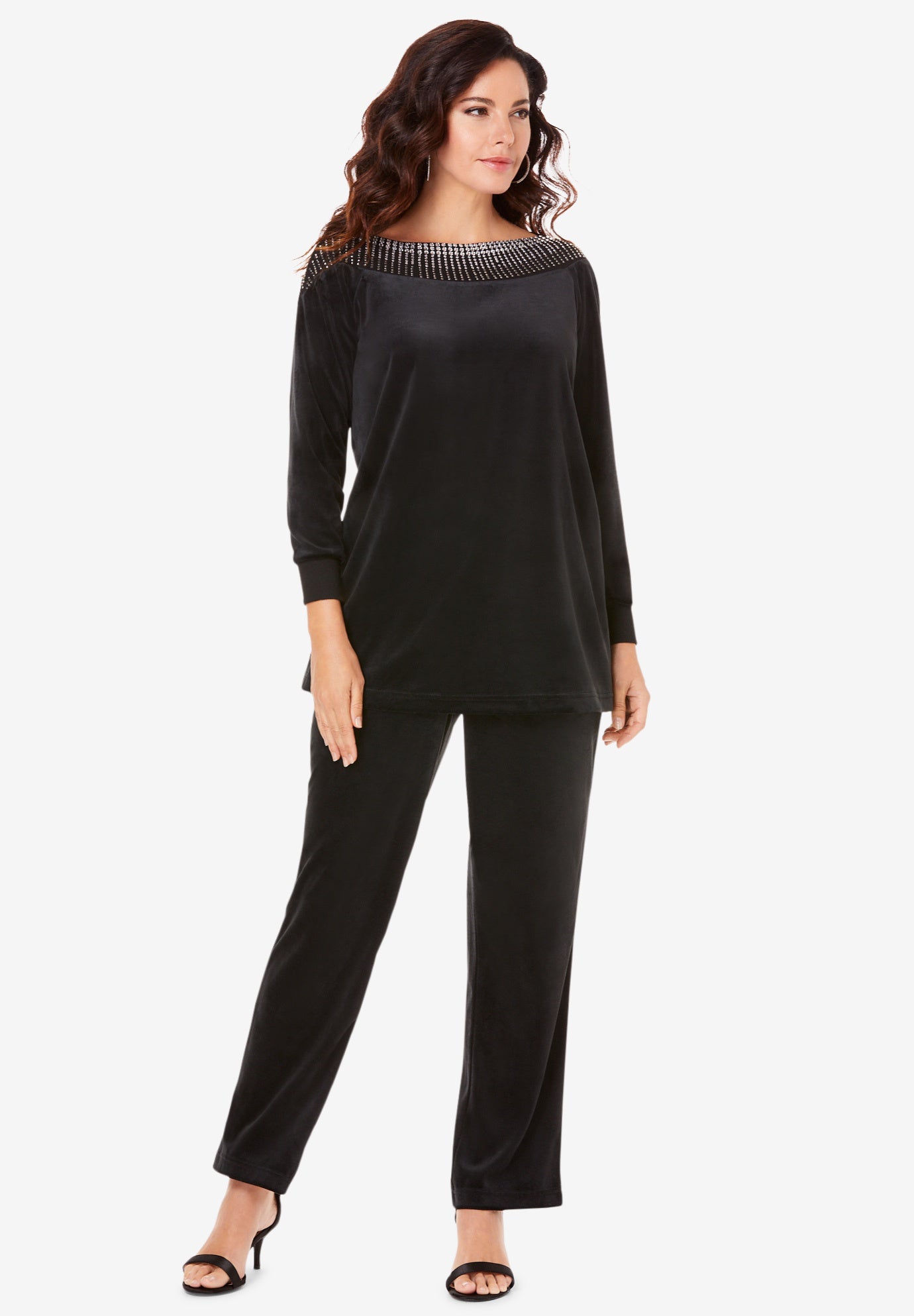 Plus Size Women's Rhinestone-Detailed Velour Set by Roaman's in Black (Size 42/44)