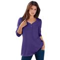 Plus Size Women's Long-Sleeve Henley Ultimate Tee with Sweetheart Neck by Roaman's in Midnight Violet (Size 6X) 100% Cotton Shirt