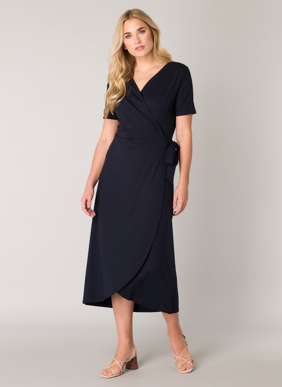 Wickelkleid BASE LEVEL "Yvie", Damen, Gr. 44, N-Gr, blau (navy dunkelblau), Jersey, Obermaterial: 94% Viskose, 6% Elasthan, unifarben, Feminin, figurumspielend ca. Mitte Wade, V-Ausschnitt, abgesteppt, Kleider, In bequemer, elastischer Qualität Image
