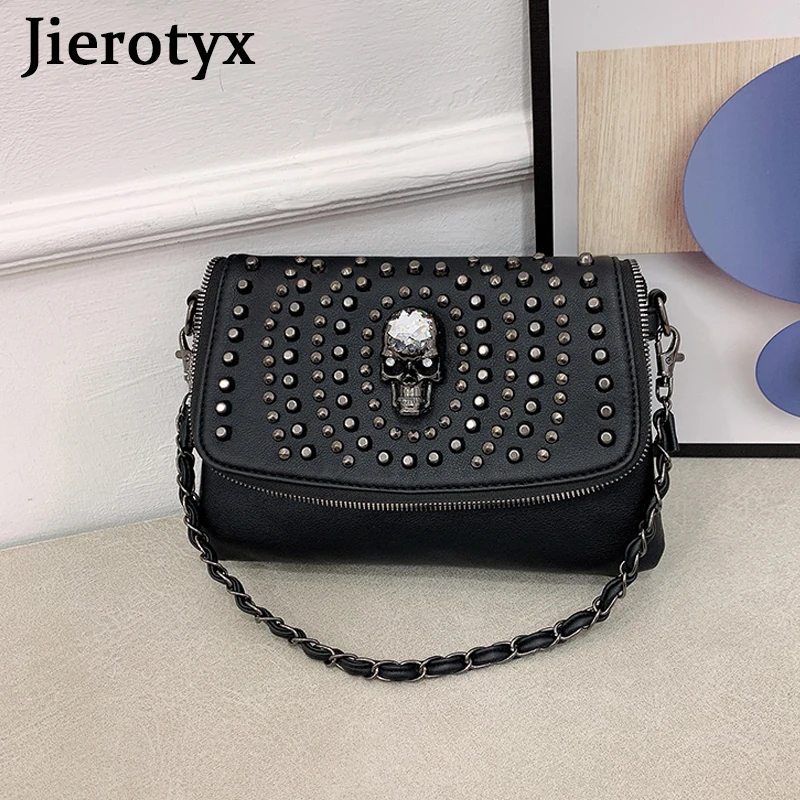 JIEROTYX nouveau Design femmes sac à bandoulière Vintage Punk crâne fourre-tout en cuir noir sacs à bandoulière mode Rivet chaud INS grande qualité